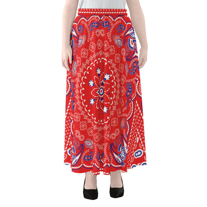 Red Blue And White Bandana Print Chiffon Maxi Skirt