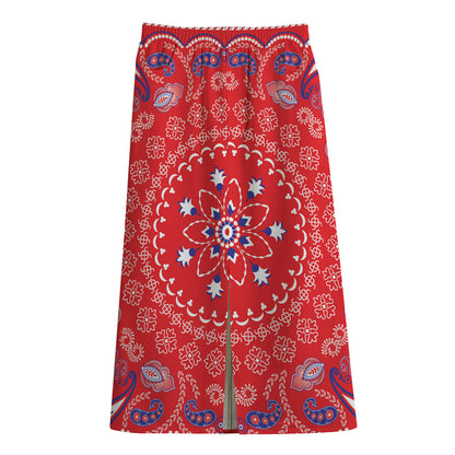 Red Blue And White Bandana Print Cotton Front Slit Maxi Skirt