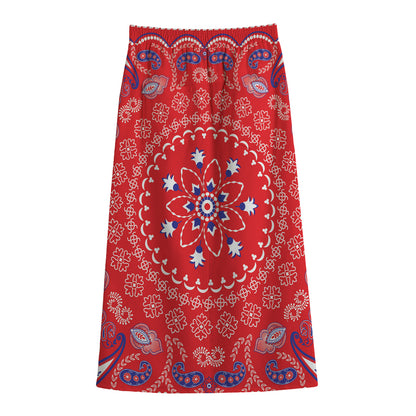 Red Blue And White Bandana Print Cotton Front Slit Maxi Skirt