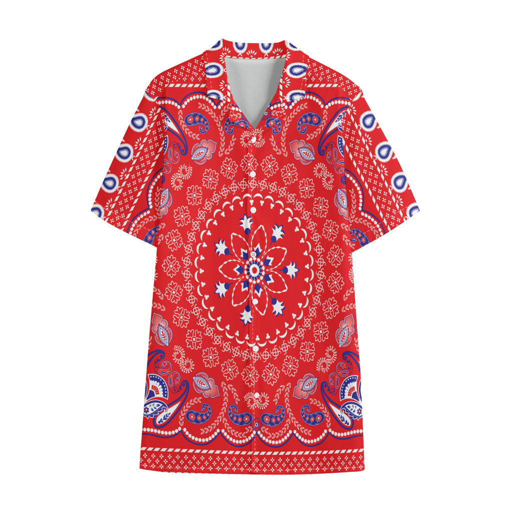 Red Blue And White Bandana Print Cotton Hawaiian Shirt