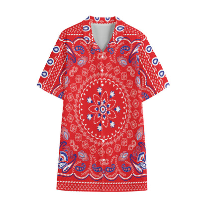 Red Blue And White Bandana Print Cotton Hawaiian Shirt