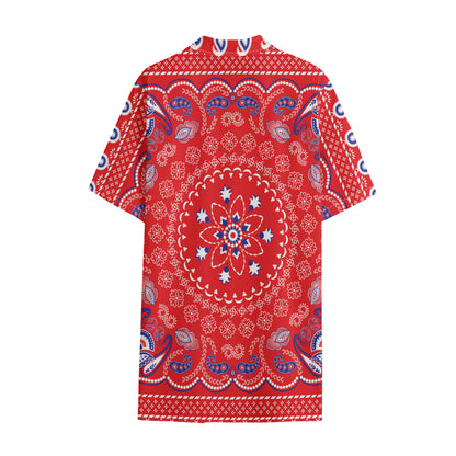 Red Blue And White Bandana Print Cotton Hawaiian Shirt