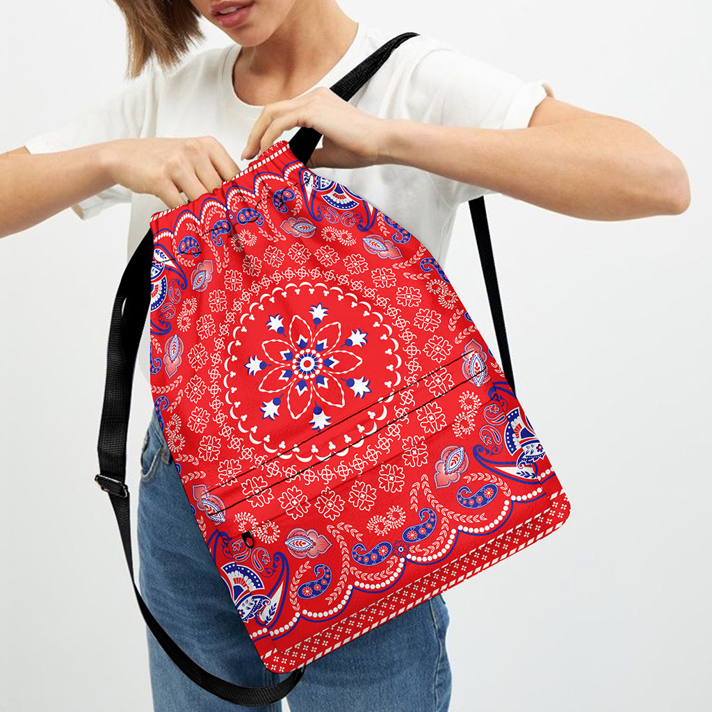 Red Blue And White Bandana Print Drawstring Backpack
