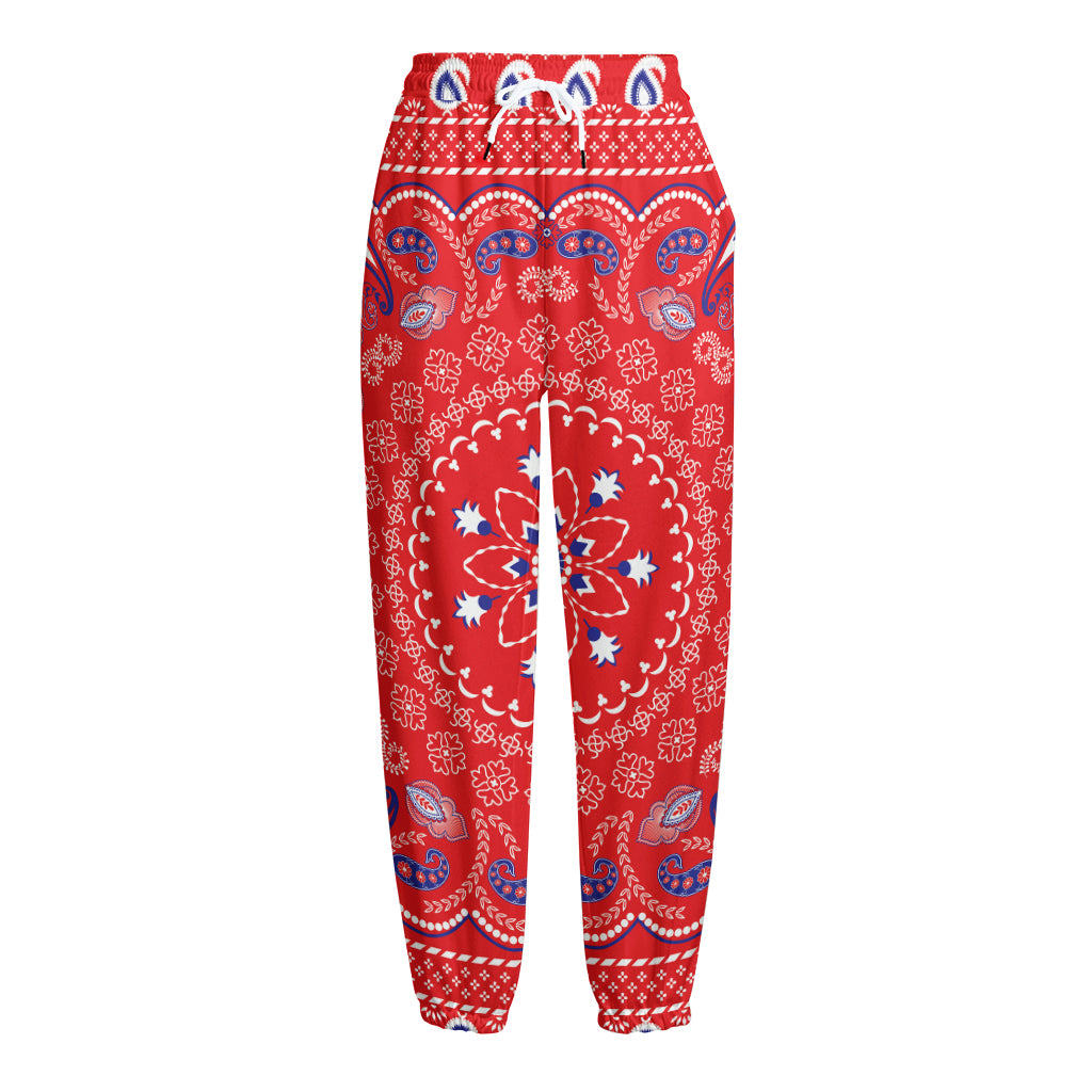 Red Blue And White Bandana Print Fleece Lined Knit Pants