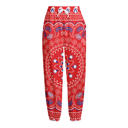 Red Blue And White Bandana Print Fleece Lined Knit Pants