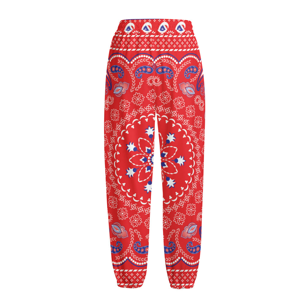 Red Blue And White Bandana Print Fleece Lined Knit Pants