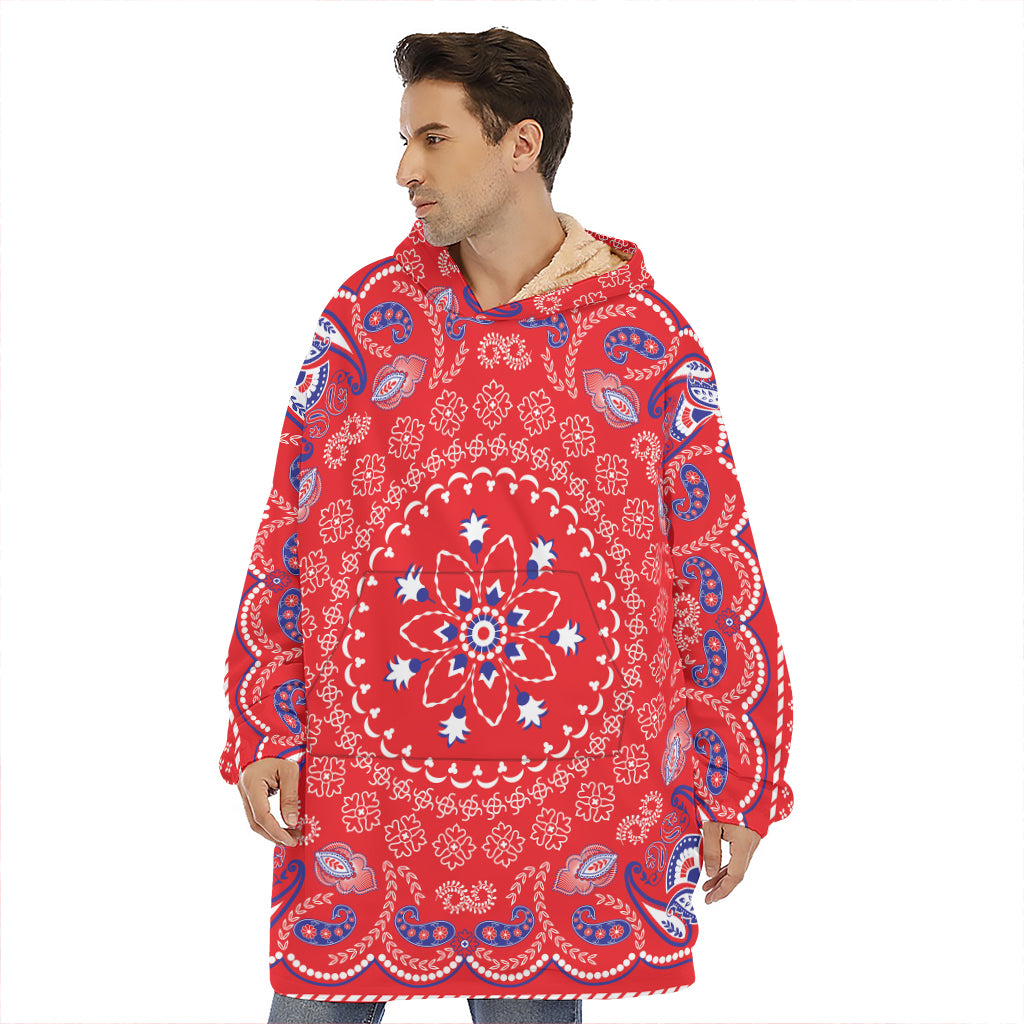 Red Blue And White Bandana Print Hoodie Blanket