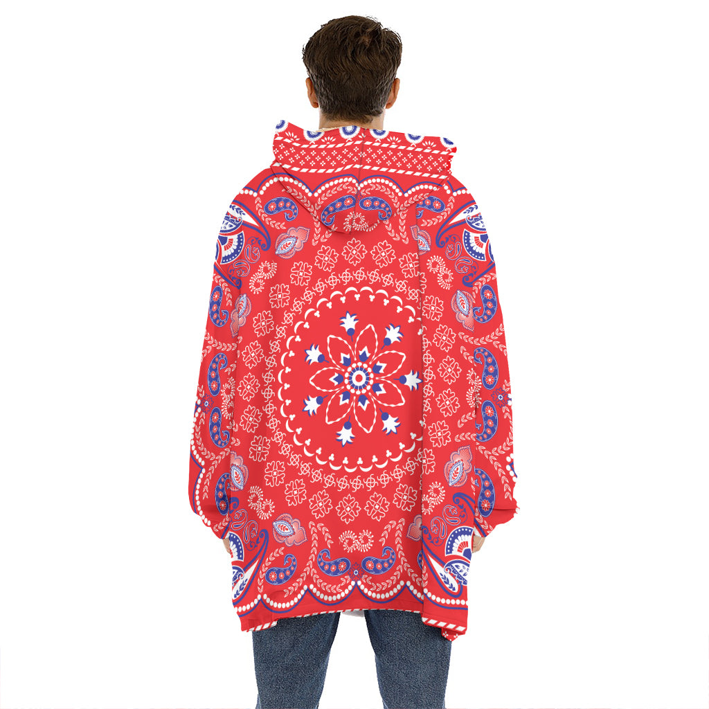 Red Blue And White Bandana Print Hoodie Blanket