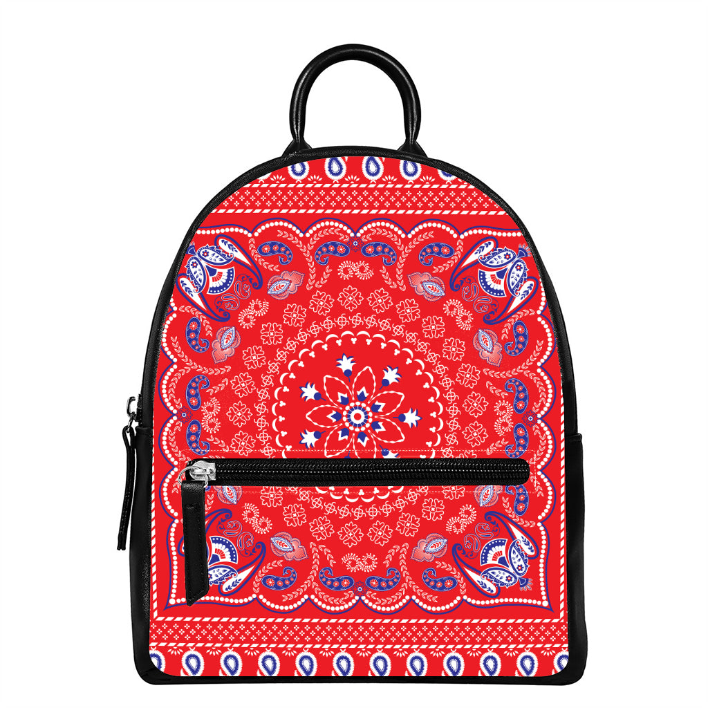 Red Blue And White Bandana Print Leather Backpack