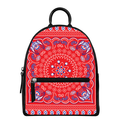 Red Blue And White Bandana Print Leather Backpack