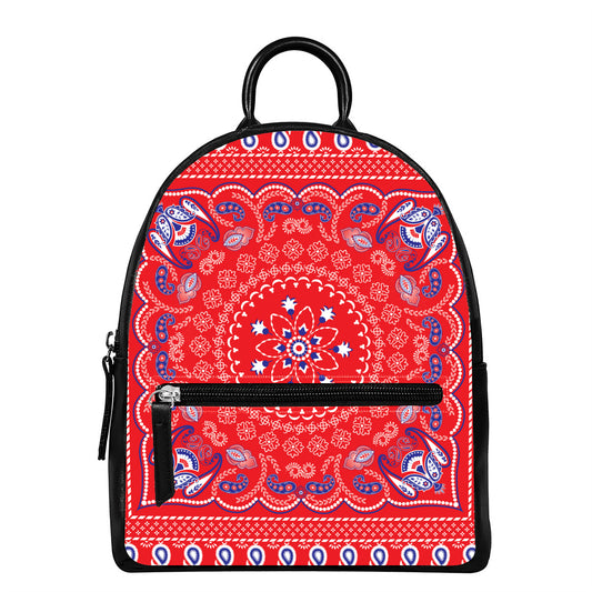 Red Blue And White Bandana Print Leather Backpack