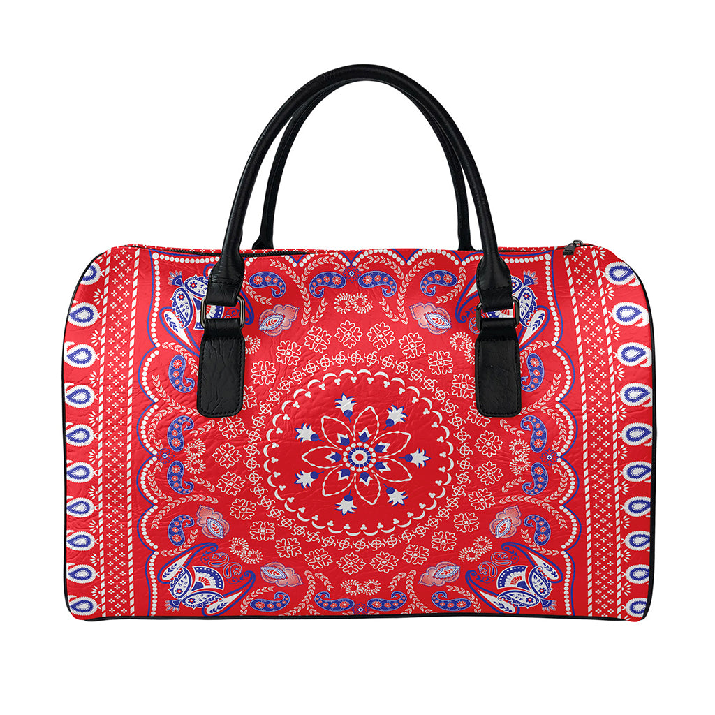 Red Blue And White Bandana Print Leather Duffle Bag