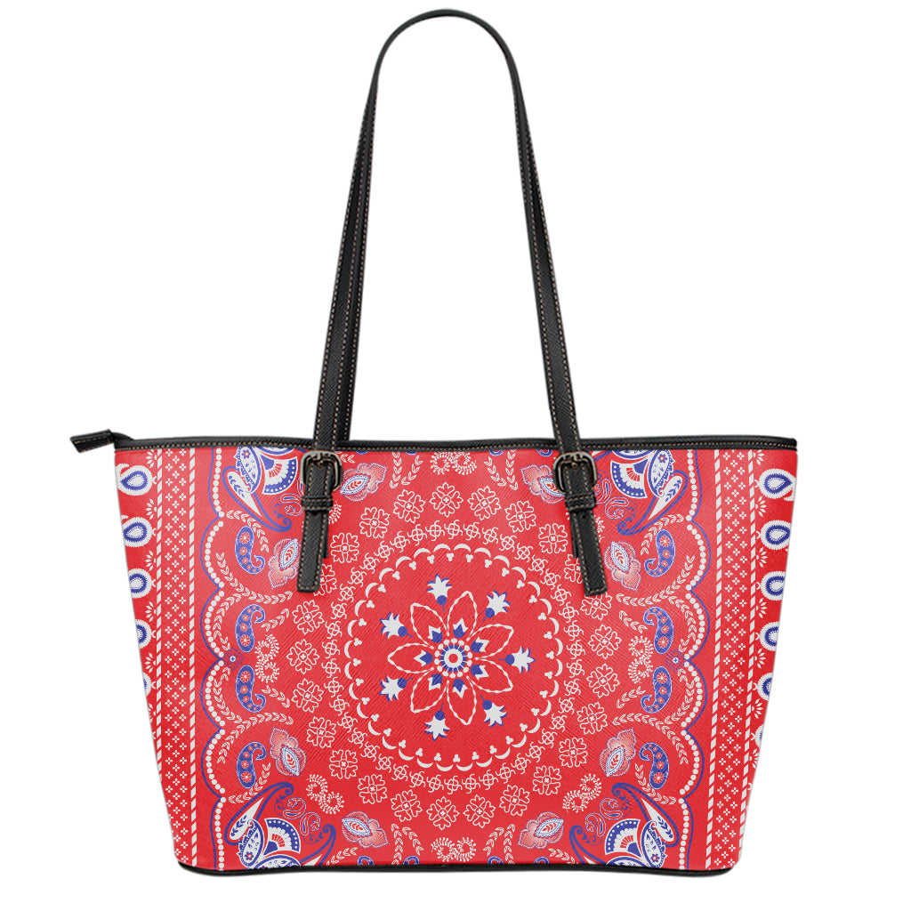 Red Blue And White Bandana Print Leather Tote Bag