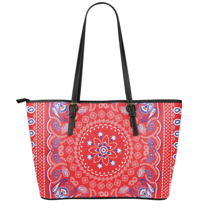 Red Blue And White Bandana Print Leather Tote Bag