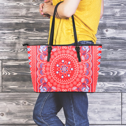 Red Blue And White Bandana Print Leather Tote Bag