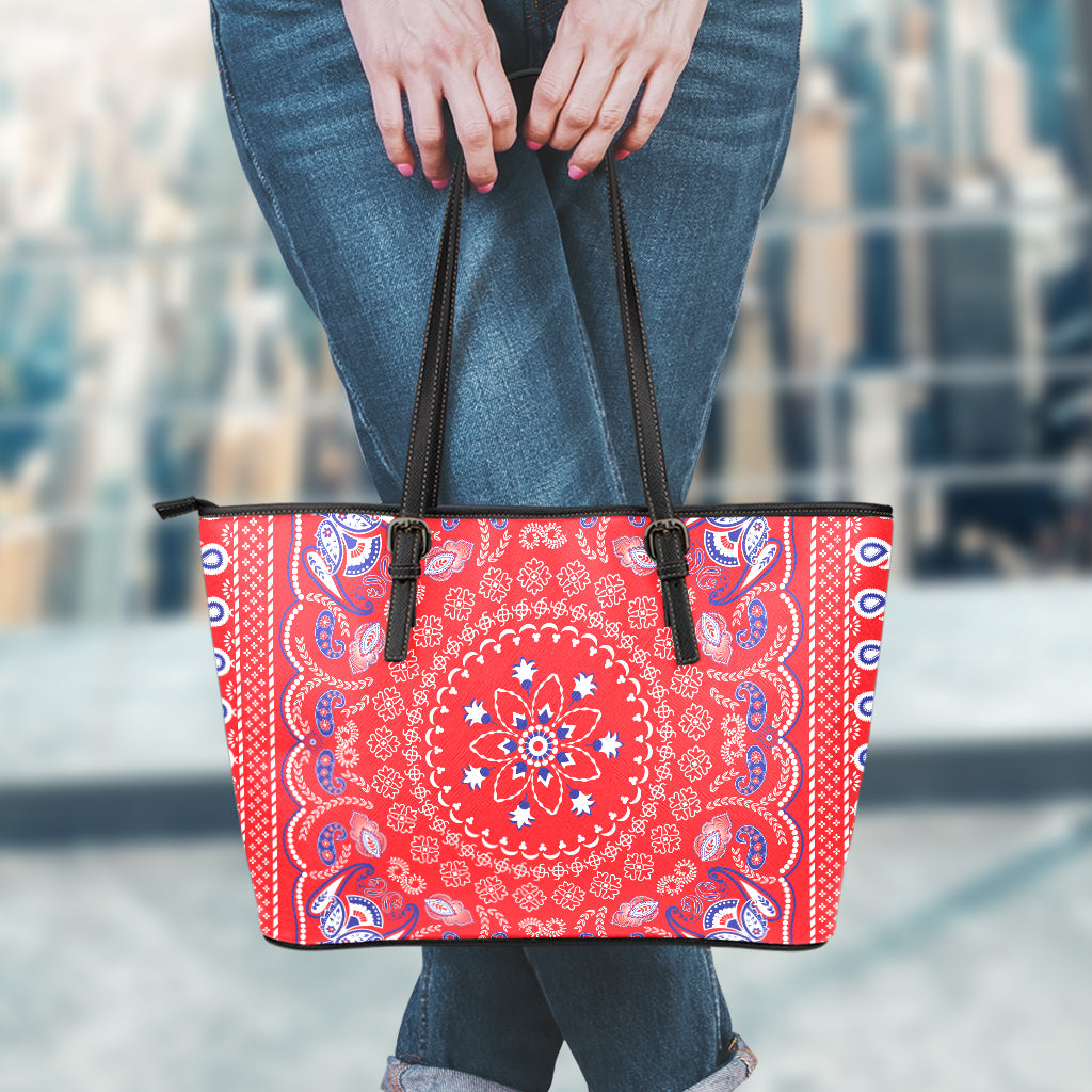 Red Blue And White Bandana Print Leather Tote Bag