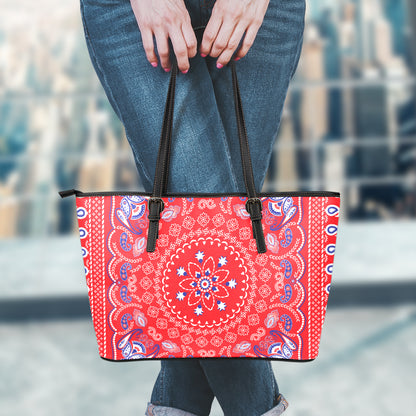 Red Blue And White Bandana Print Leather Tote Bag