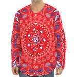 Red Blue And White Bandana Print Long Sleeve Baseball Jersey