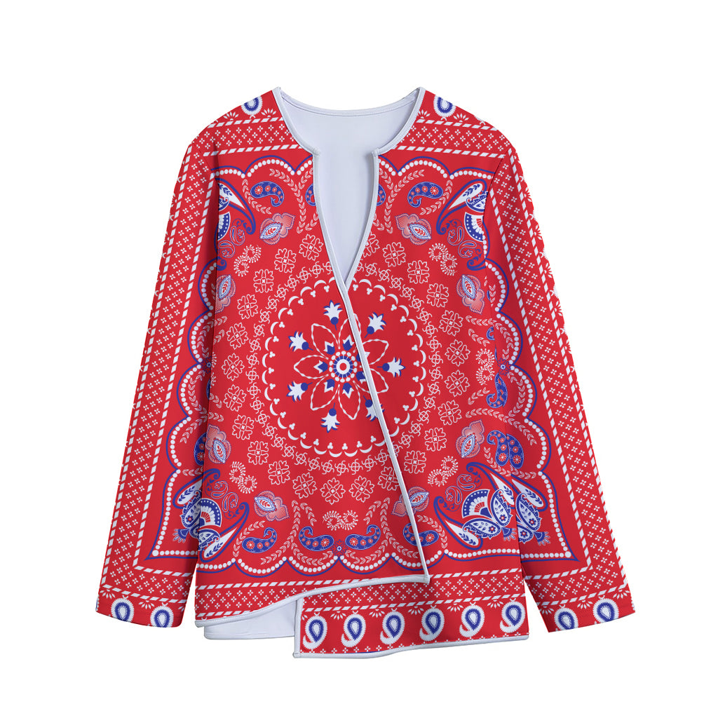 Red Blue And White Bandana Print Long Sleeve Short Coat