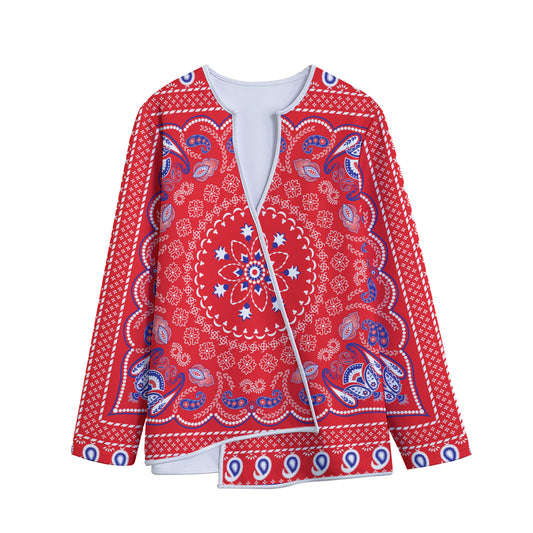 Red Blue And White Bandana Print Long Sleeve Short Coat