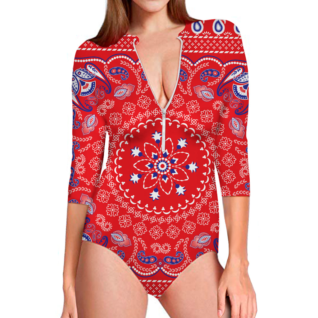Red Blue And White Bandana Print Long Sleeve Swimsuit