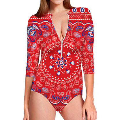 Red Blue And White Bandana Print Long Sleeve Swimsuit
