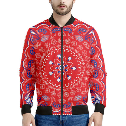 Red Blue And White Bandana Print Men's Bomber Jacket