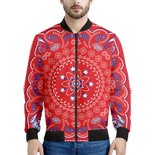 Red Blue And White Bandana Print Men's Bomber Jacket