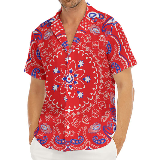 Red Blue And White Bandana Print Men's Deep V-Neck Shirt
