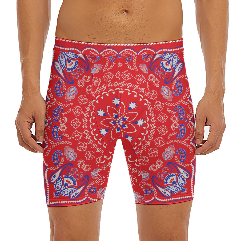 Red Blue And White Bandana Print Men's Long Boxer Briefs
