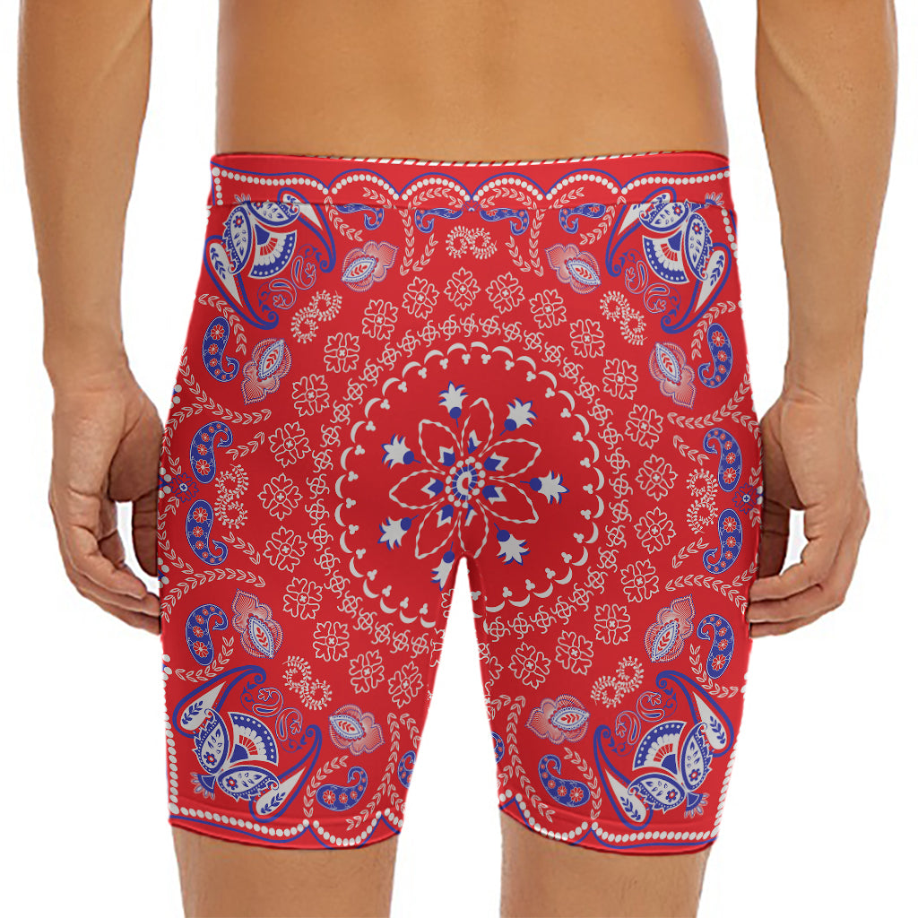 Red Blue And White Bandana Print Men's Long Boxer Briefs