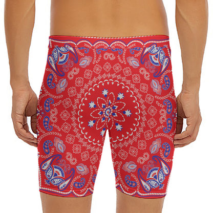 Red Blue And White Bandana Print Men's Long Boxer Briefs
