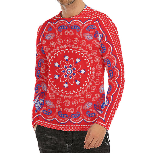 Red Blue And White Bandana Print Men's Long Sleeve Rash Guard