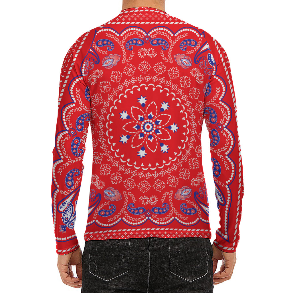 Red Blue And White Bandana Print Men's Long Sleeve Rash Guard