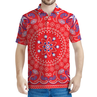 Red Blue And White Bandana Print Men's Polo Shirt