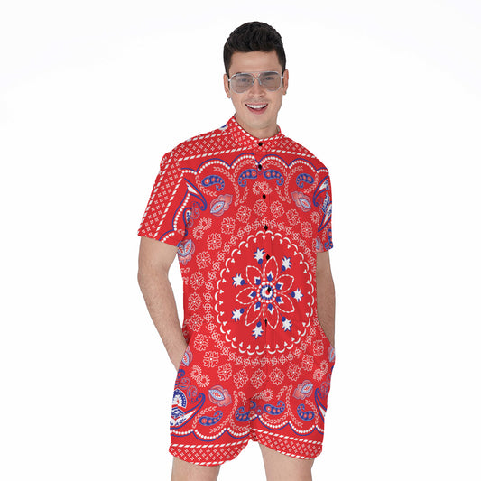Red Blue And White Bandana Print Men's Rompers