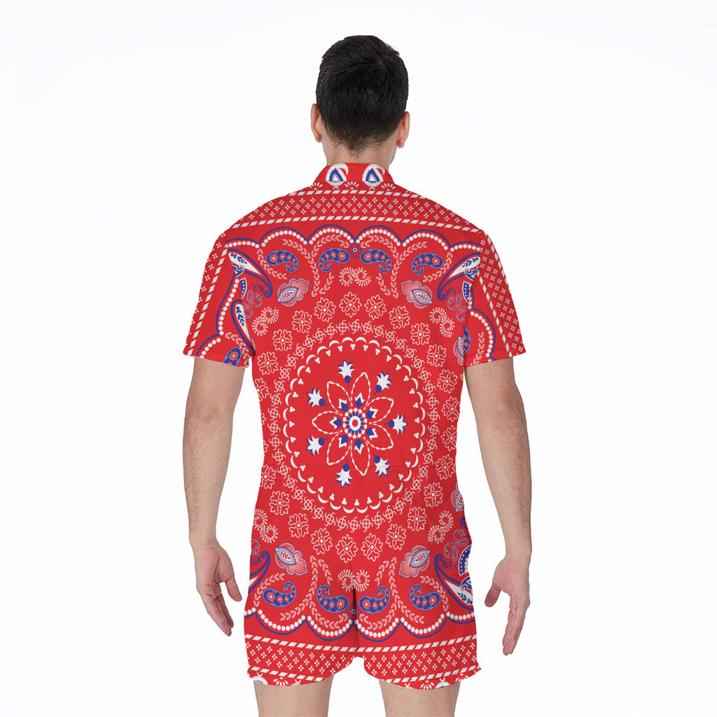 Red Blue And White Bandana Print Men's Rompers