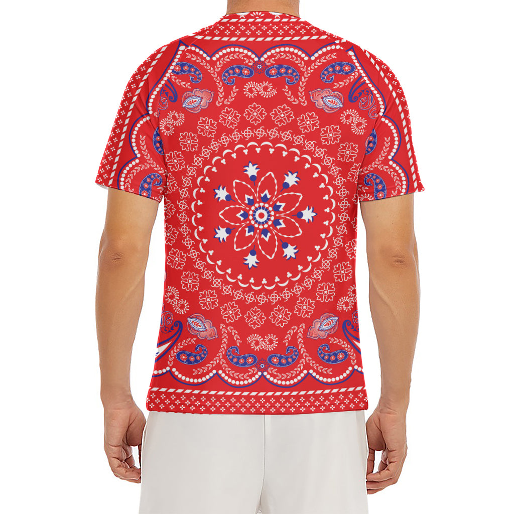 Red Blue And White Bandana Print Men's Short Sleeve Rash Guard