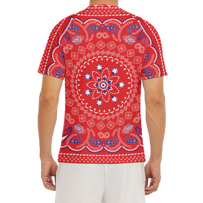 Red Blue And White Bandana Print Men's Short Sleeve Rash Guard