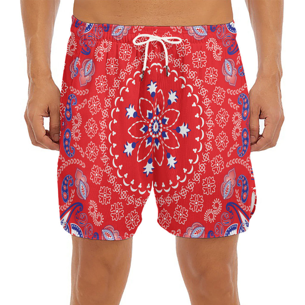 Red Blue And White Bandana Print Men's Split Running Shorts