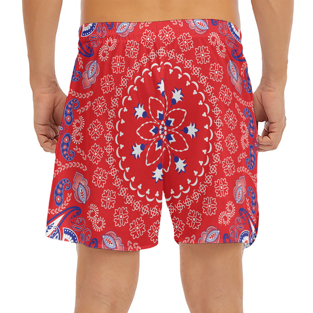 Red Blue And White Bandana Print Men's Split Running Shorts