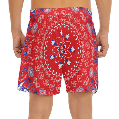 Red Blue And White Bandana Print Men's Split Running Shorts