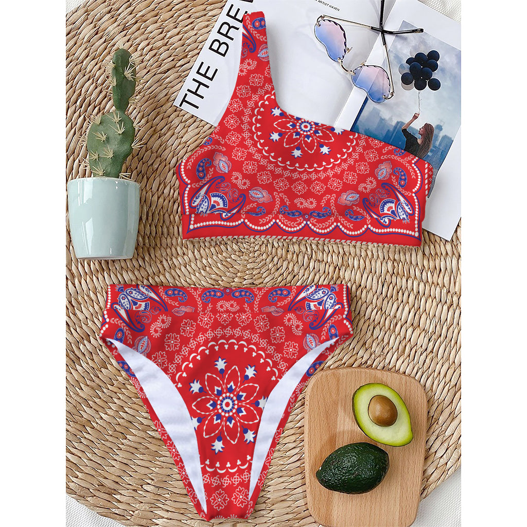 Red Blue And White Bandana Print One Shoulder Bikini Top