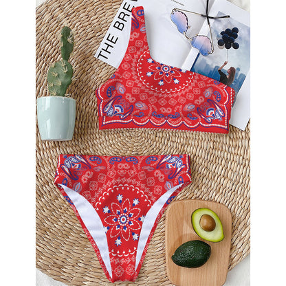 Red Blue And White Bandana Print One Shoulder Bikini Top