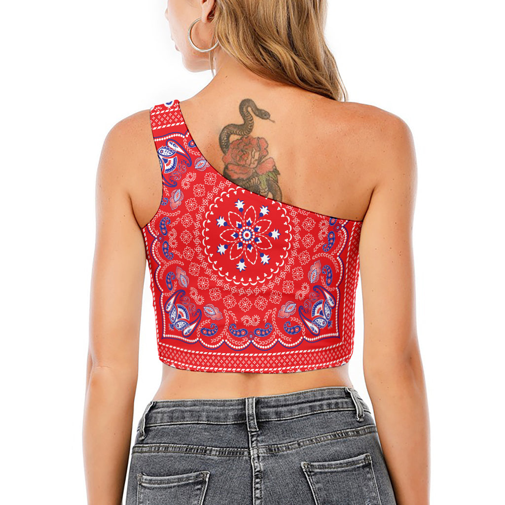 Red Blue And White Bandana Print One Shoulder Crop Top
