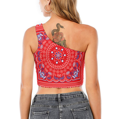 Red Blue And White Bandana Print One Shoulder Crop Top