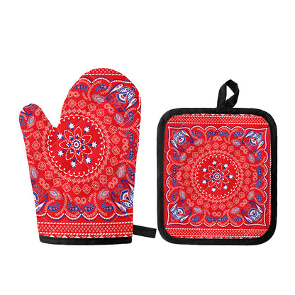 Red Blue And White Bandana Print Oven Mitt And Pot Holder Set