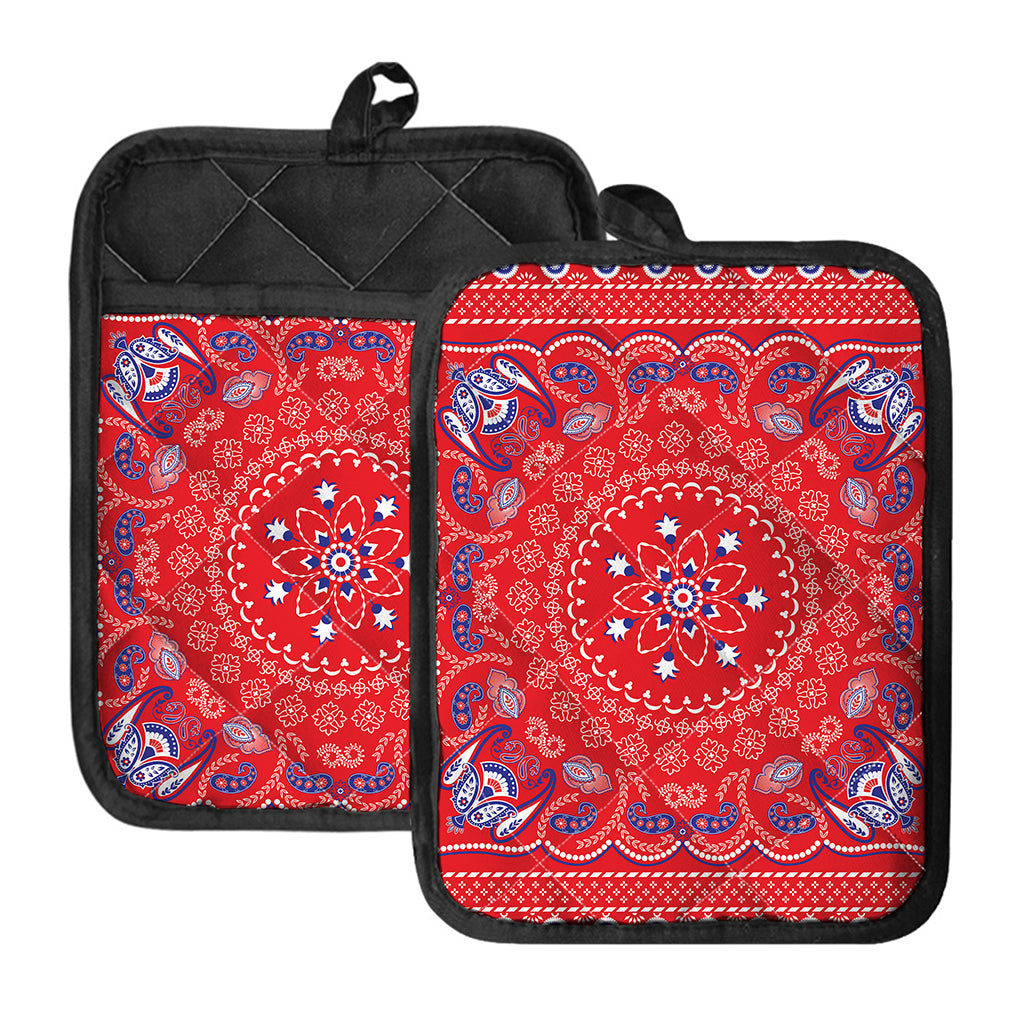 Red Blue And White Bandana Print Pot Holders With Pocket