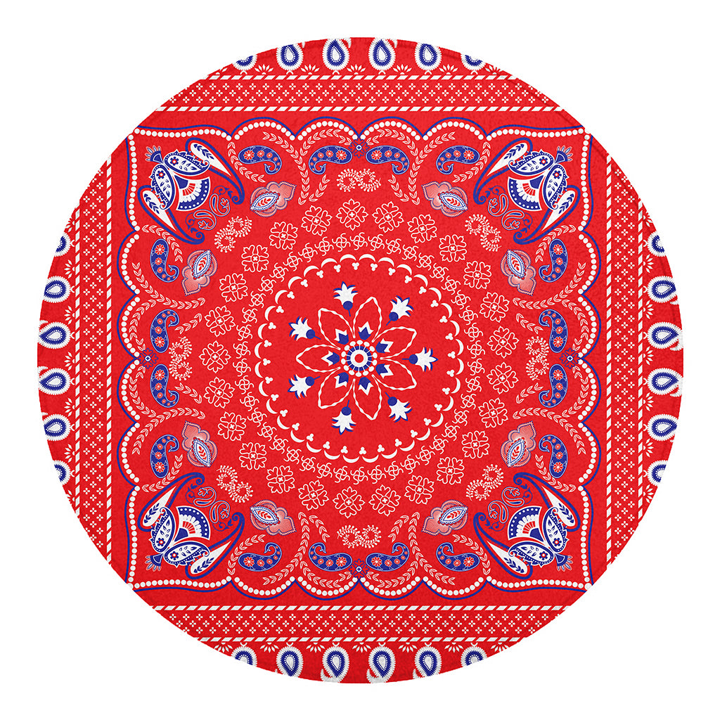 Red Blue And White Bandana Print Round Blanket