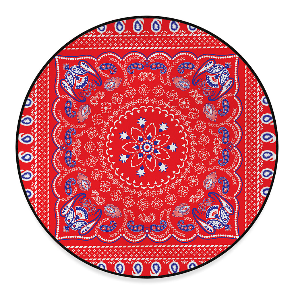 Red Blue And White Bandana Print Round Floor Mat